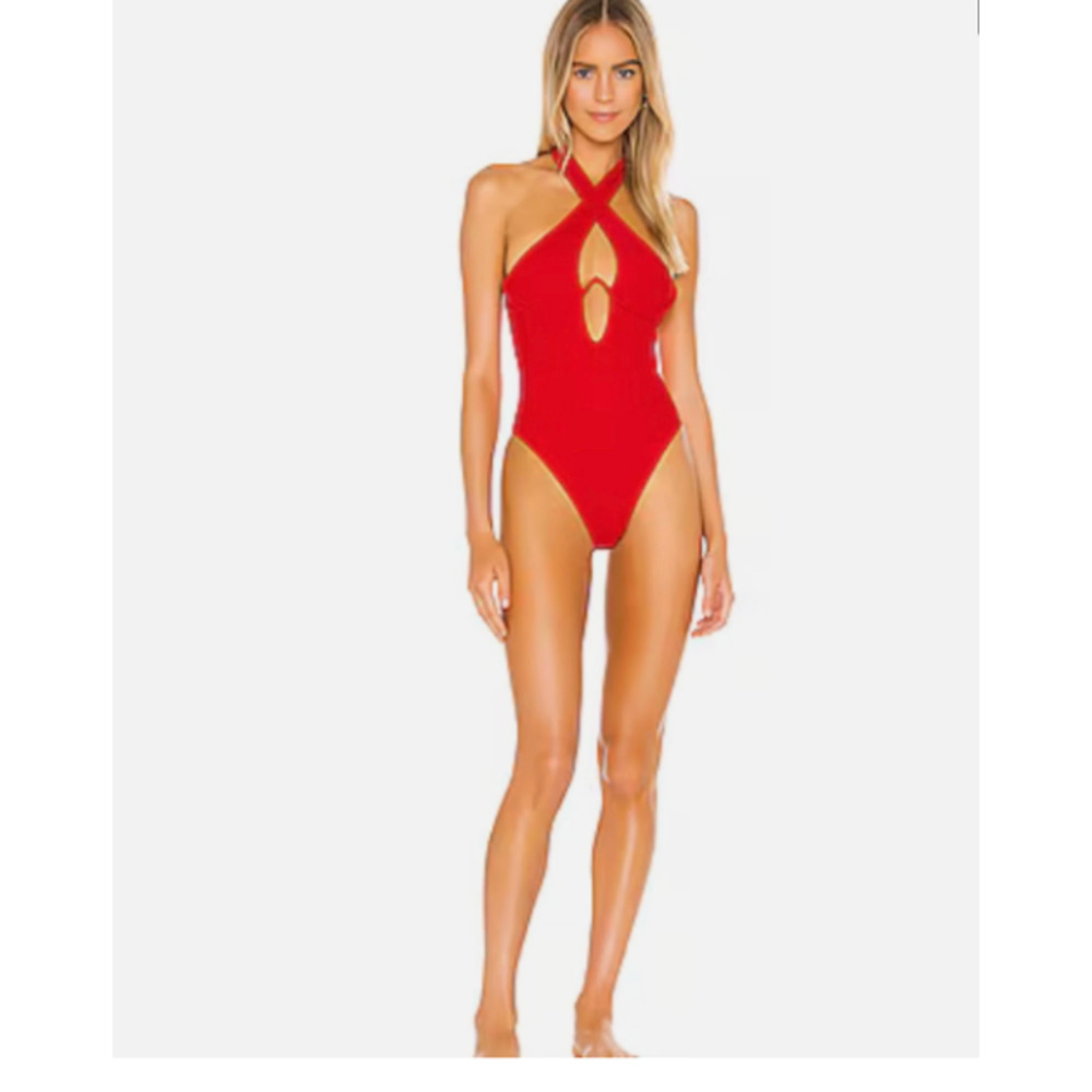 NBD Swimsuit Medium Revolve One Piece Red Deep V Cheeky Stretch New